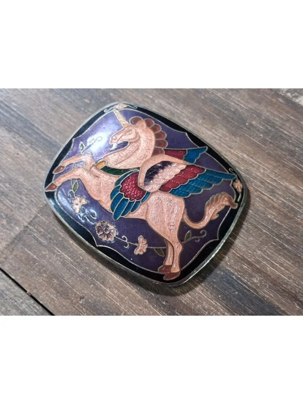 Vintage Winged Unicorn Belt Buckle Epic Cloisonne Enamel Purple Alicorn Mythical